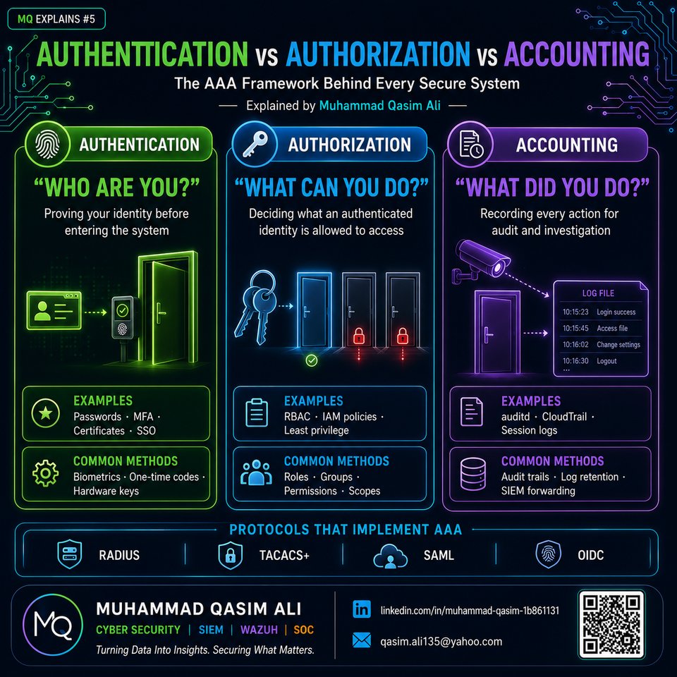 AAA — Authentication, Authorization, Accounting infographic by Muhammad Qasim