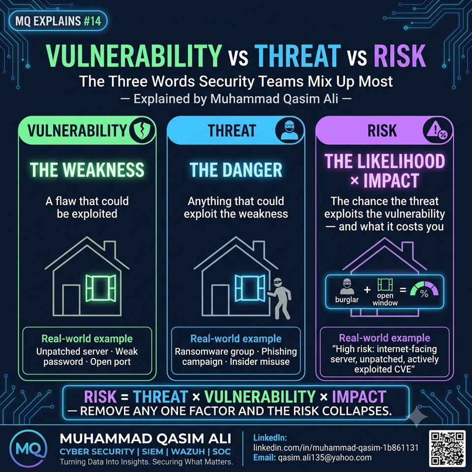 Vulnerability vs Threat vs Risk infographic by Muhammad Qasim